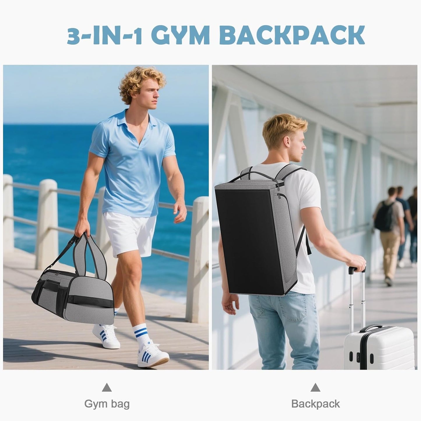 Gym Bag for Women Men, Duffle Travel Bag with Shoes Compartment and Wet Pocket, Waterproof Overnight Carry On Bag Backpack with Two Elastic Bottle Holders for Travel, Workout, Sports, Weekend - MIYCOO