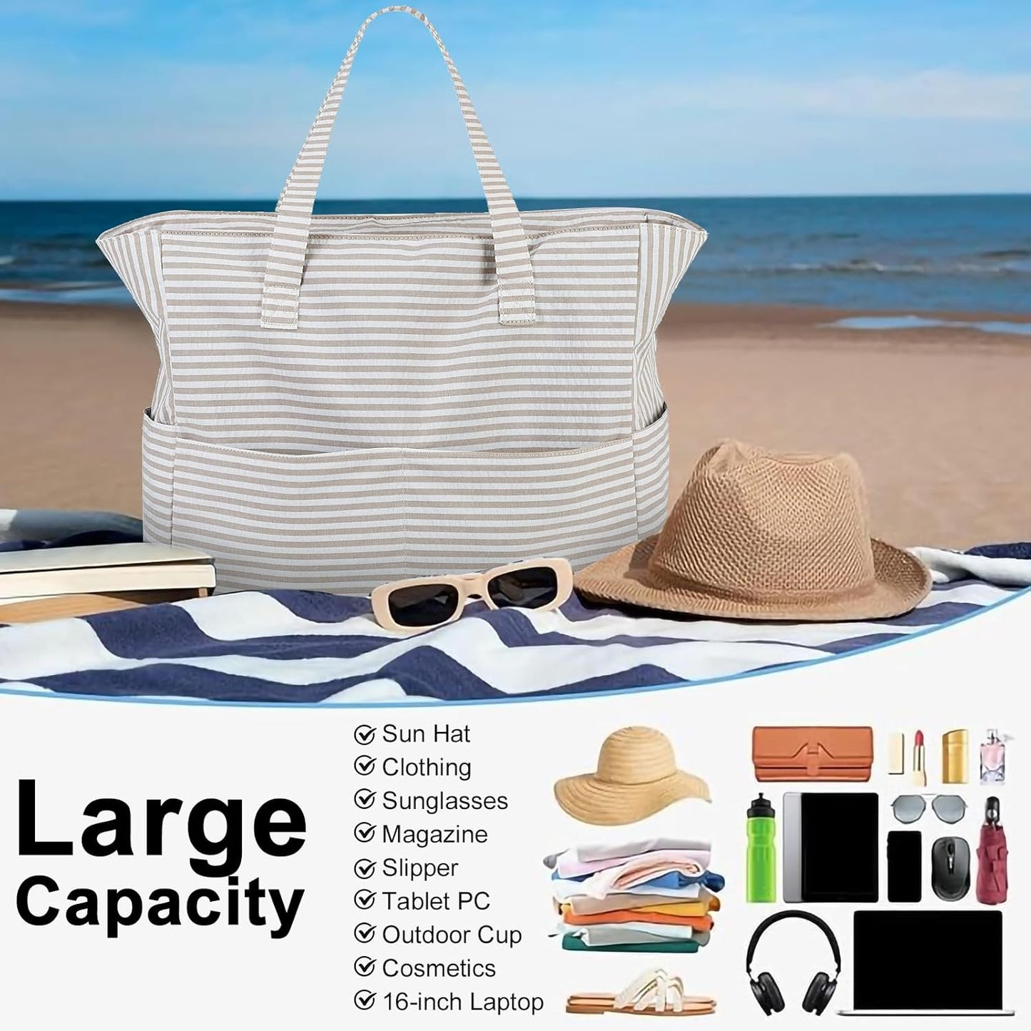 LEDAOU Beach Bag Waterproof Sandproof Women Tote Bag Pool Bag with Zipper for Gym Grocery Travel with Wet Pocket