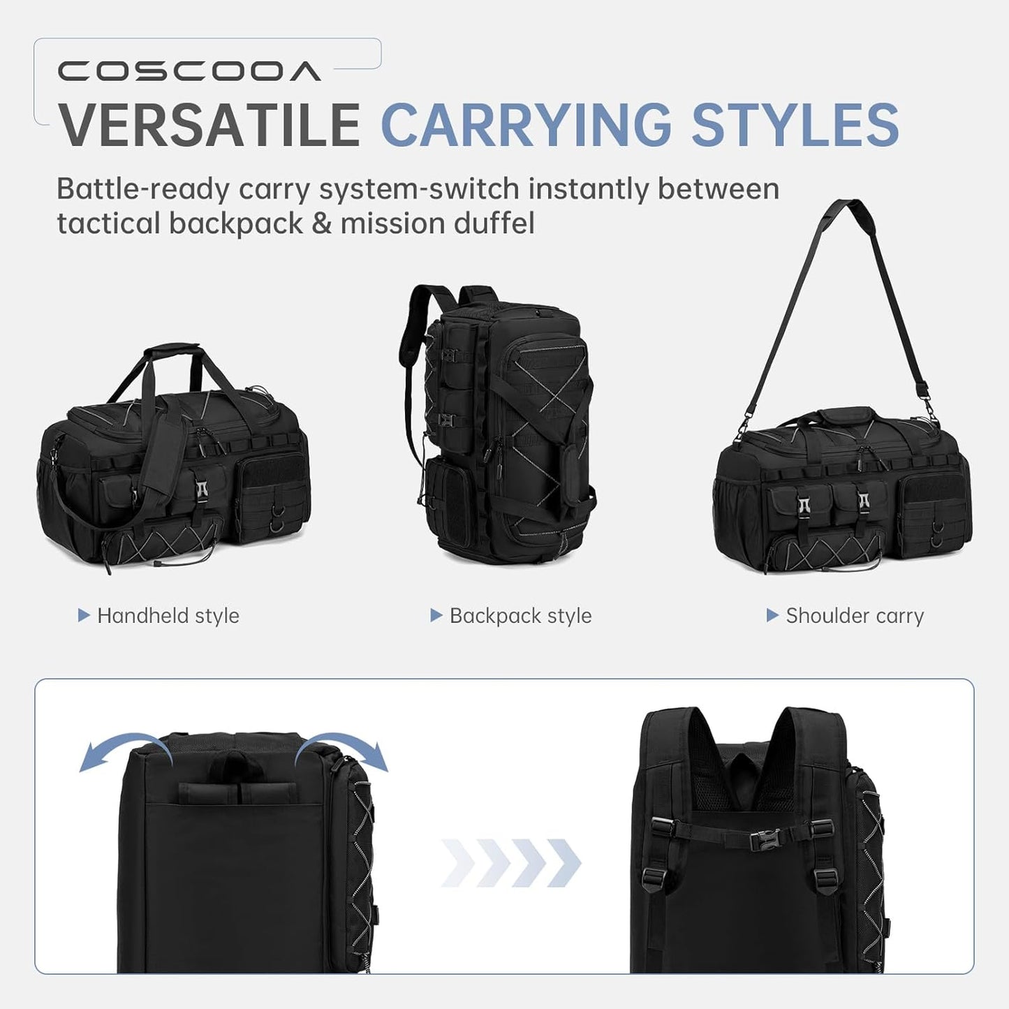 Gym Bags for Men with Shoe Compartment 50L Tactical Duffle Bag 3 in 1 Carry on Duffel Bag Travel Backpack Weekender Overnight Range Bag for Workout Football, Black