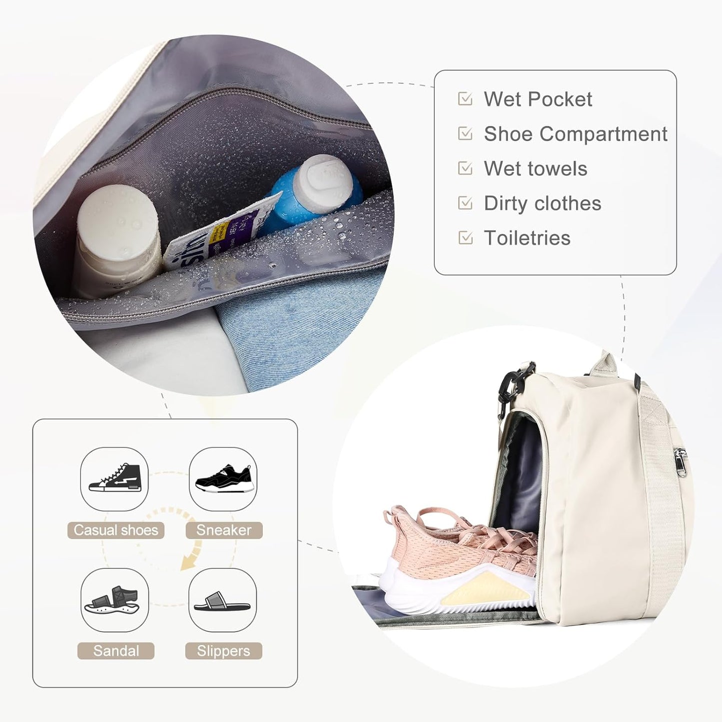 Gym Bag for Women Men with Shoes Compartment & toiletry bag,Sport Swimming Yoga Bag,Waterproof Travel Duffel Bag Small Carry on Bag Overnight Weekender Bags Personal Item Bag for Airlines Cream White