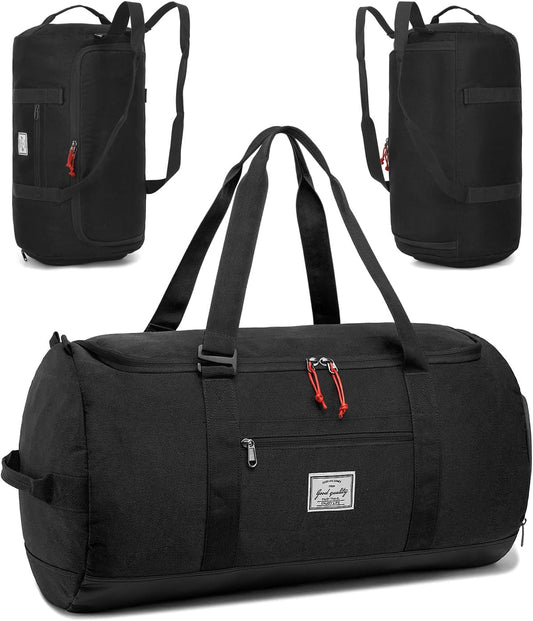 60L Large Gym Duffle Bag with Separate Shoe Compartment, Waterproof & Durable Duffel Bag for Men and Women - Convertible Backpack Design, Black