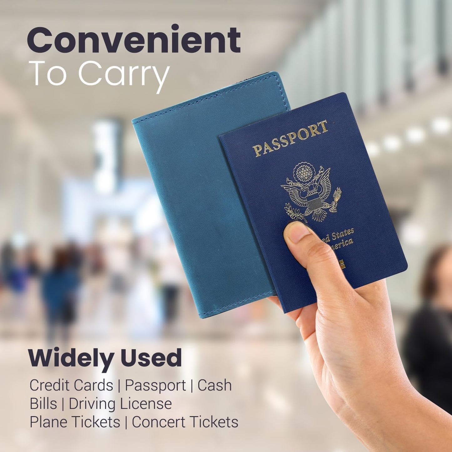 Leather Passport Holder with Travel Wallet, Genuine Leather Passport Cover- Passport Wallet, Leather Folding Wallet for Passports (Straight Cut, Blue)