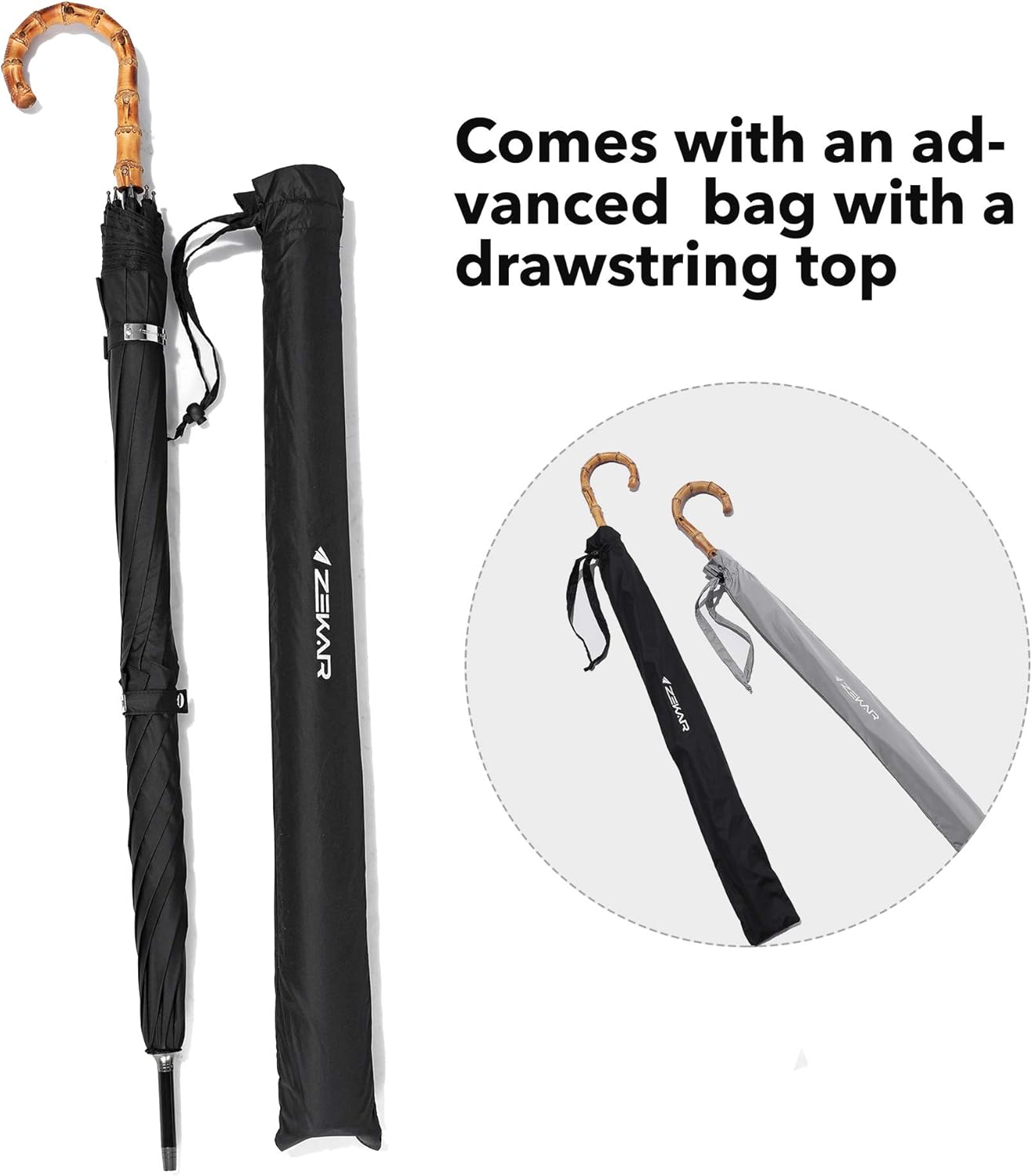 ZEKAR Wood/Bamboo J-Handle Premium Stick Umbrella | 54 & 62 inch | Windproof Large Classic Rain for Men Women | Unique UK Style | 300T Fabric