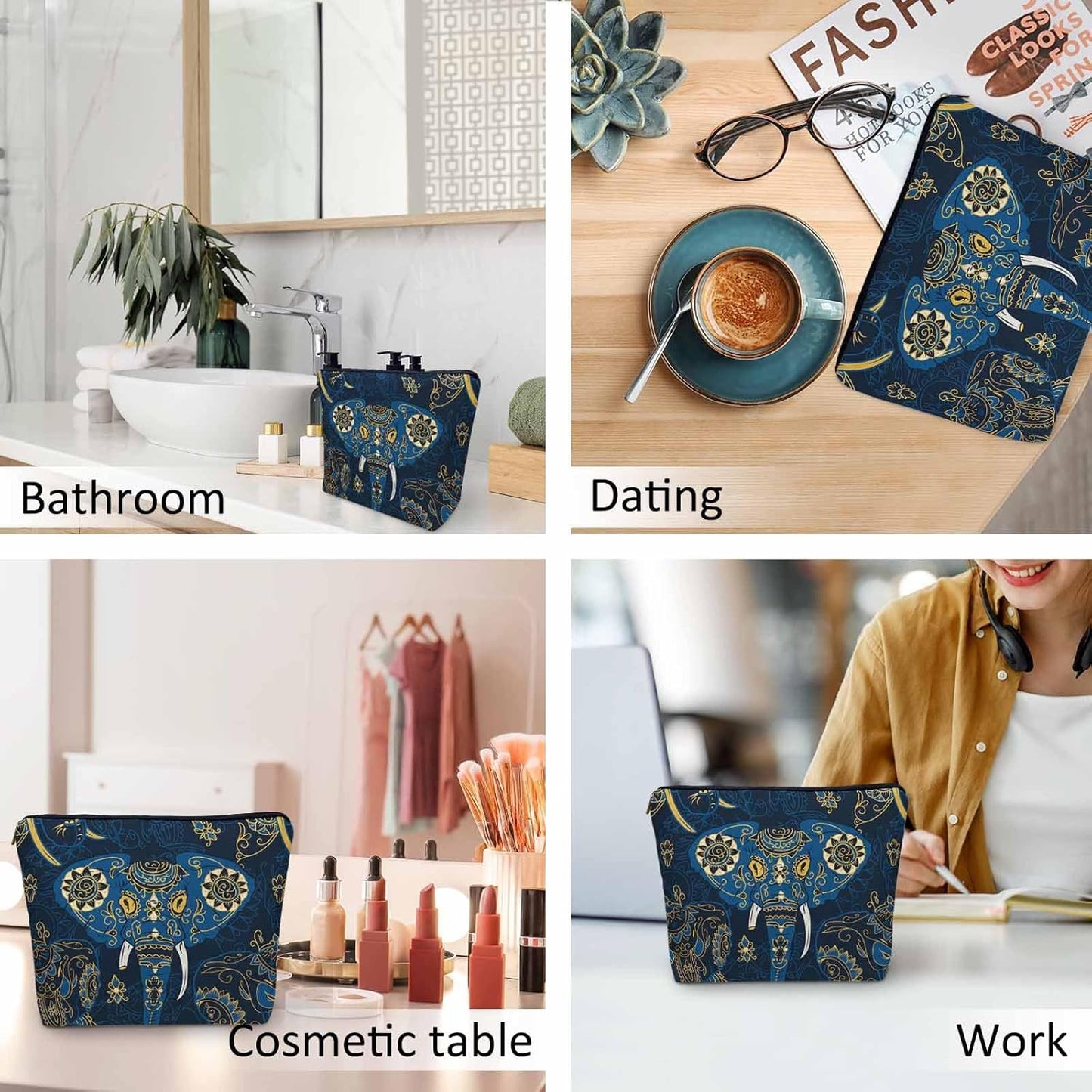 Elephant Makeup Bag - Adorable Cosmetic Bag, Day Of The Dead Sugar Skull Elephant Blue Zipper Bag Travel Toiletry Organizer Pouch For Gym Bathroom