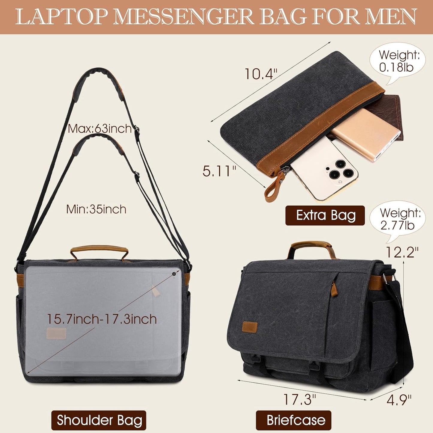 17.3 Inch Messenger Bag for Men: 2PCS Laptop Bag PU Leather Canvas Work Briefcase Large Office