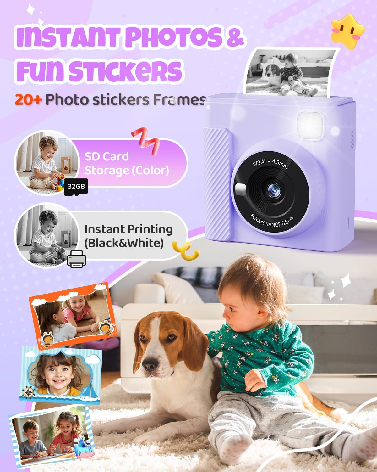 Kids Instant Print Camera, Christmas Birthday Gifts for Girls and Boys, 1080P HD Video Digital Kids Camera with Print Paper & 32G Card, Toddler Toy for 3-14 Years Old (Purple)