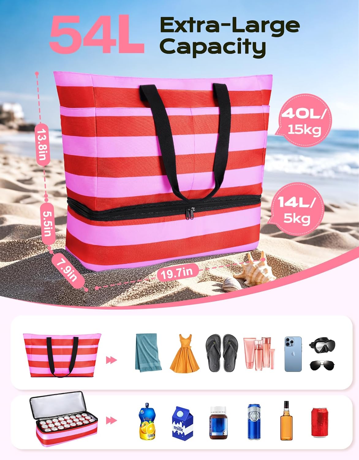 Beach Bag with Cooler, 54L Large Waterproof Sandproof Travel Tote Bag, Duffel Weekender Bag for Packing/Travel/Gym