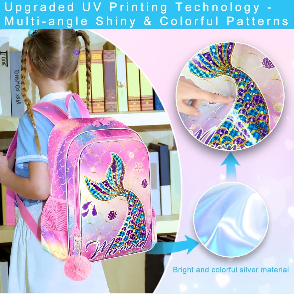 16" Mermaid Backpack for Girls, 3Pcs School Bookbag with Lunch Box, Kids Backpacks Set for Elementary Preschool Kindergarten(Pink)