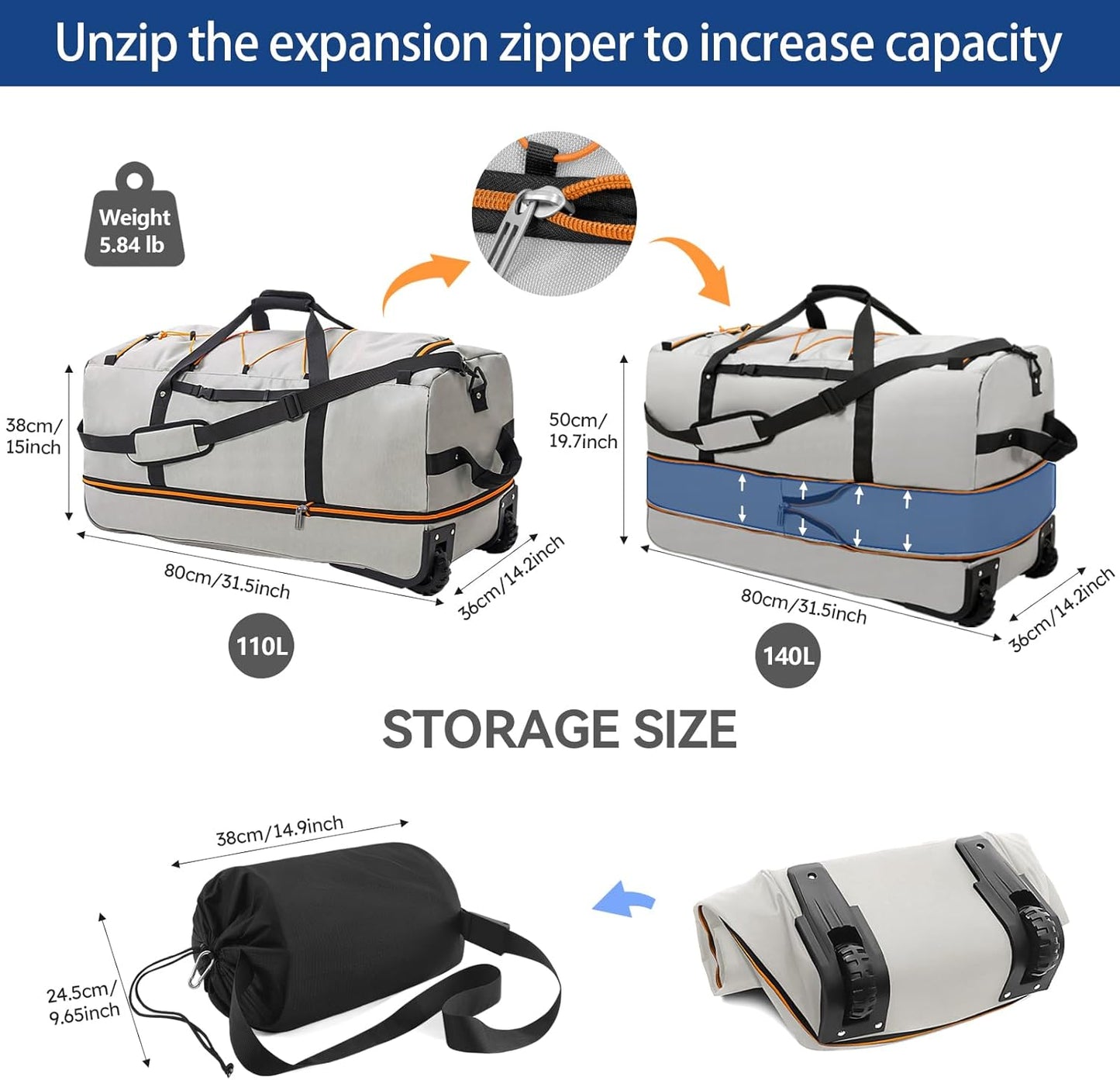 110L Expandable to 140L 32” Foldable Oxford Soft-Sided Rolling Duffle Bag with 2 Heavy-Duty Wheels,3 Large Compartments,Adjustable Shoulder Strap and Attached Organizer Pouch,Grey