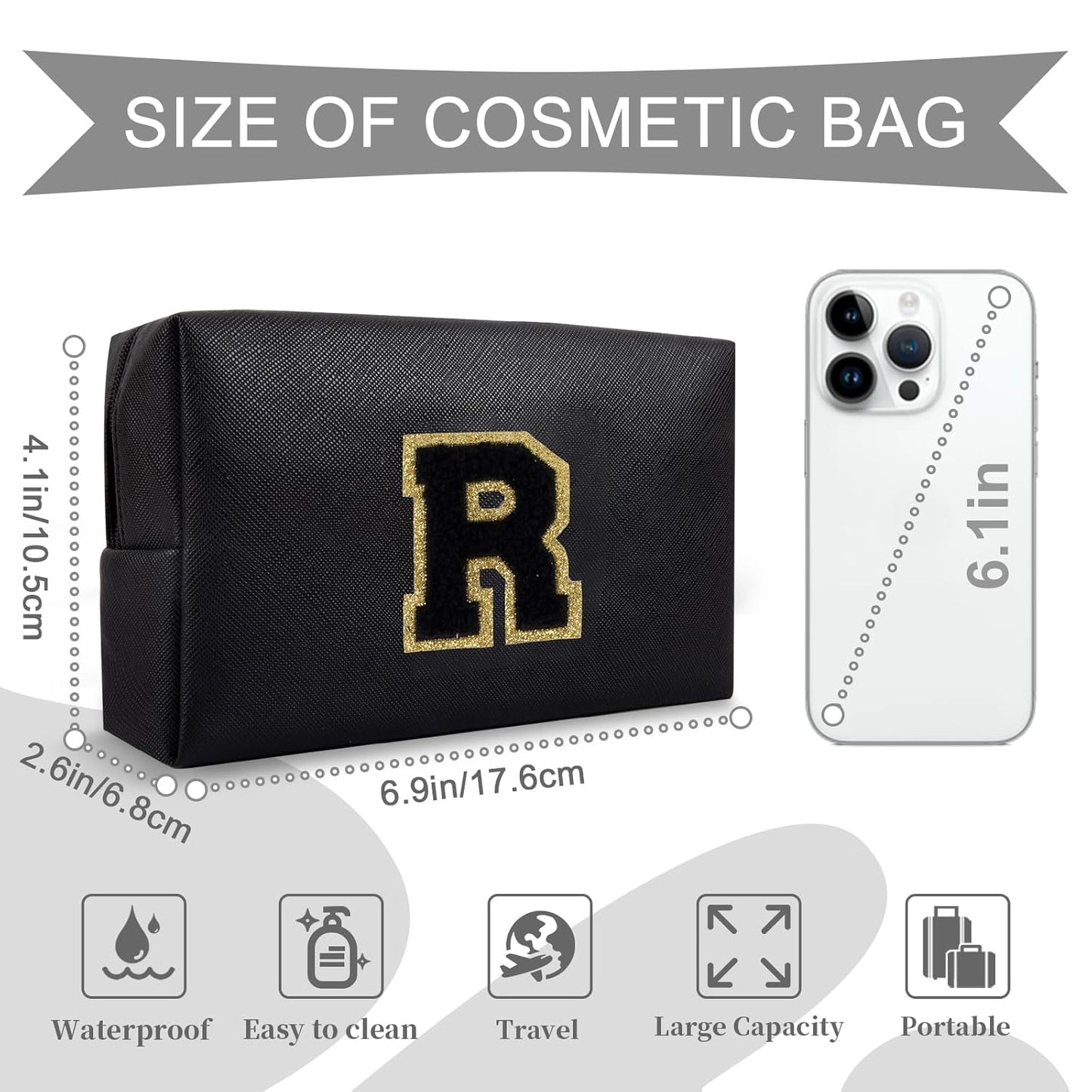 Personalized Initial A-Z Preppy Patch Makeup Bag,Small PU Chenille Letter Cosmetic Bag with Zipper for Teen Girls,Black Cute Toiletry Organizer Bag,Monogram Makeup Case Gift for Women Girls,Letter R