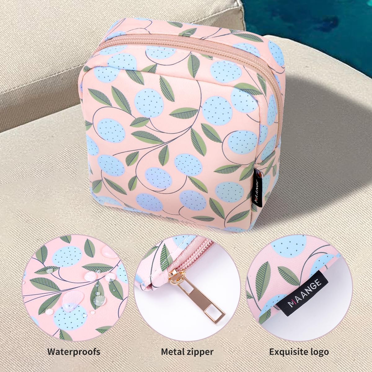 MAANGE Small Makeup Bag for Purse, Portable Cosmetic Bag, Mini Makeup Bag with Slip-in Pockets, Cute Make Up Bag, Pouches for Purse Women (Pink Plants)