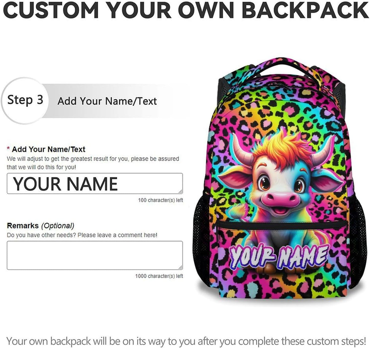 Custom Backpack for Girls - 17 Inch Cute Cow Backpack for Kids Children - Rainbow Cow Print Lightweight Durable Bookbag for High School