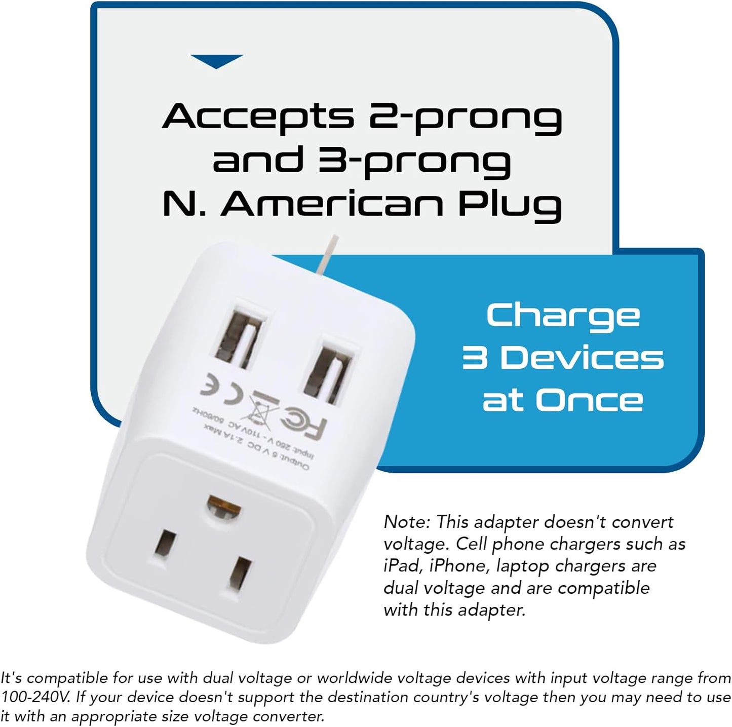 Ceptics Australia, New Zealand, China Travel Adapter Plug - Dual USB Input - Ultra Compact - USA to Type I - Perfect for Cell Phones, Chargers, Cameras, Tablets, and more (CTU-16)