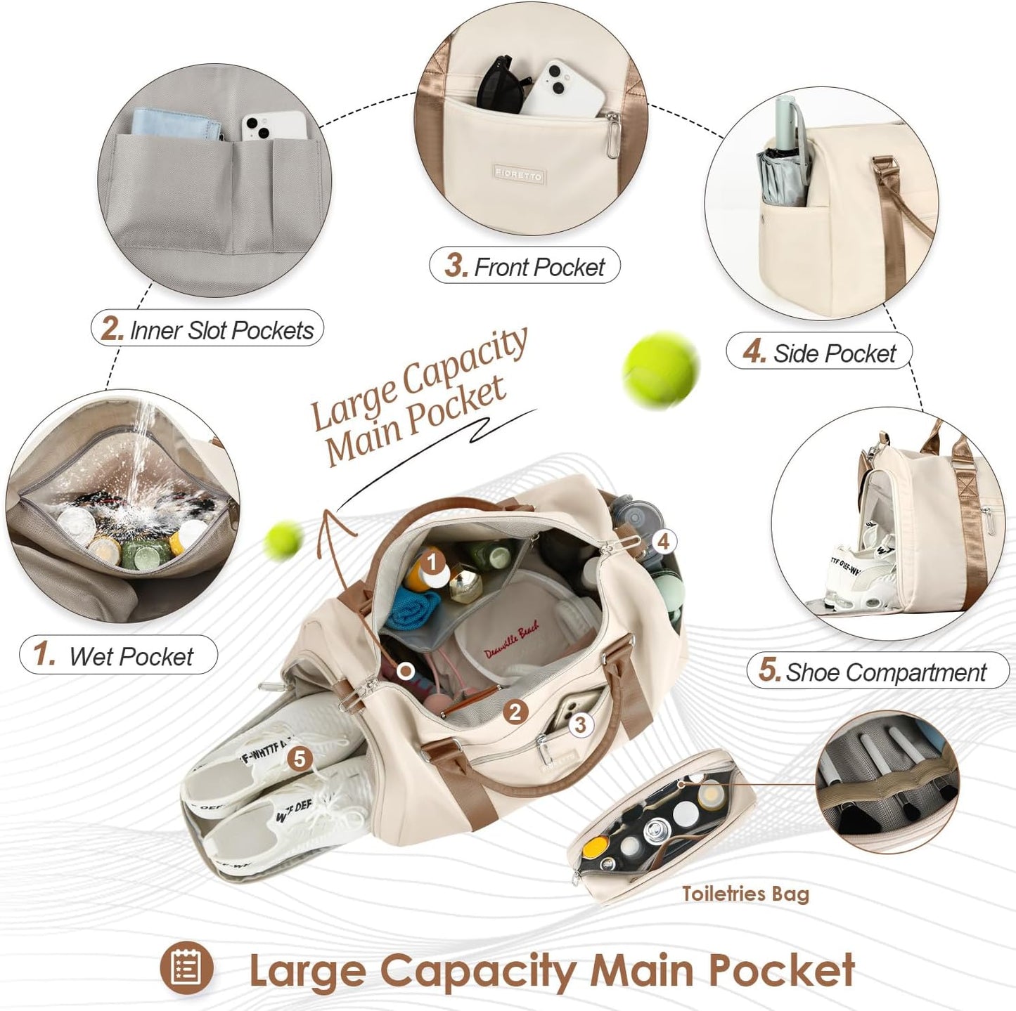 FIORETTO Womens Gym Tote Duffle Bag with Toiletry Bag, Sports Duffel Overnight Hospital Workout Carry on Bag for Girls with Wet Pocket & Shoe Compartment, Ideal for Travel, Swimming, Beige & Brown