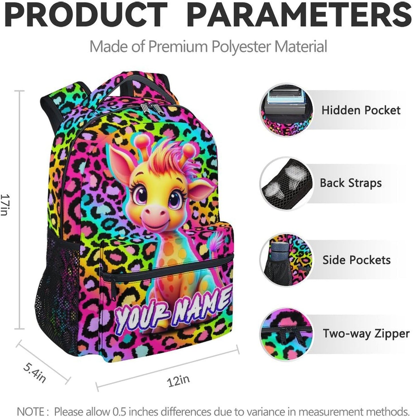 Custom Giraffe Backpack for Girls - 17 Inch Cute Kids Backpack with Adjustable Straps for Kindergarten - Large Capacity School Bag for Elementary