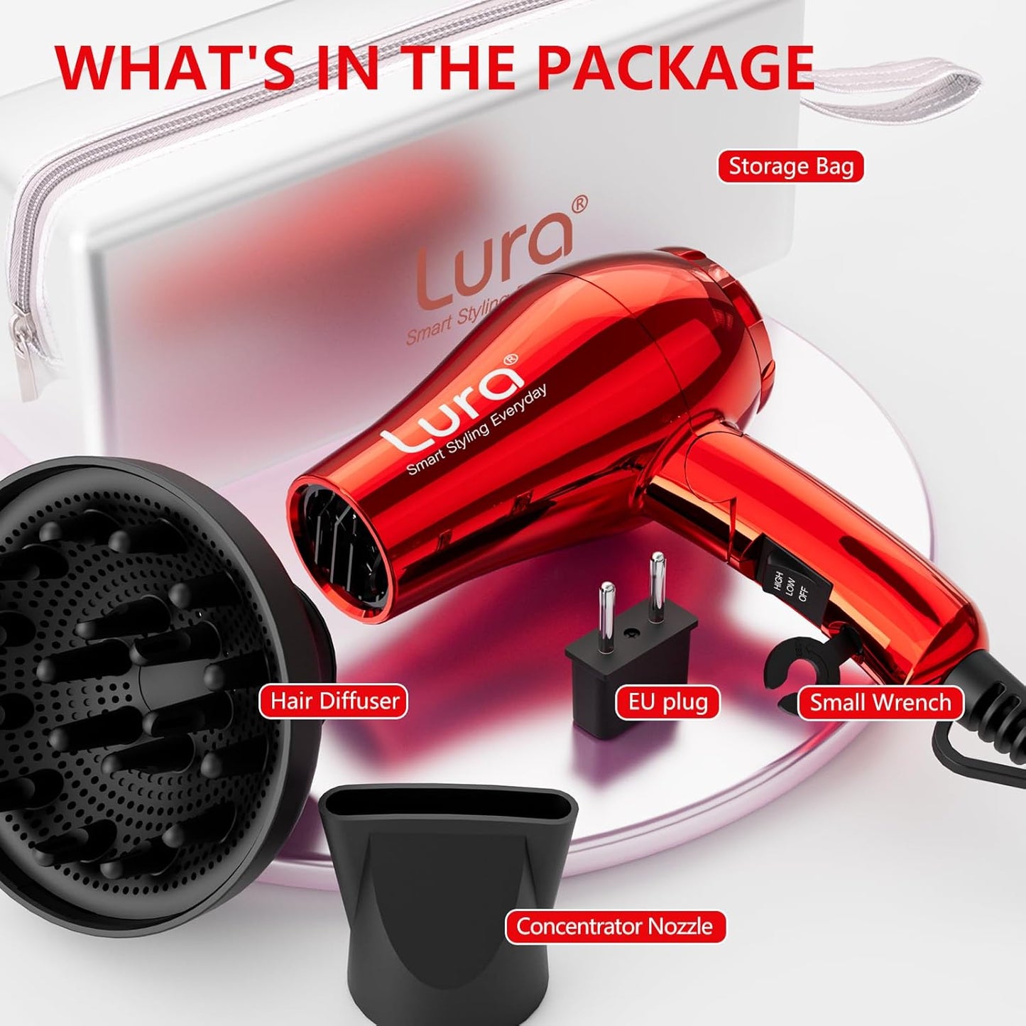 LURA Mini Portable Travel Hair Dryer:Dual Voltage Small Lightweight Blow Dryer with EU Plug,1200W Compact Hairdryer with Folding Handle,with Concentrator&Diffuser Attachment,for Women and Men(Red)