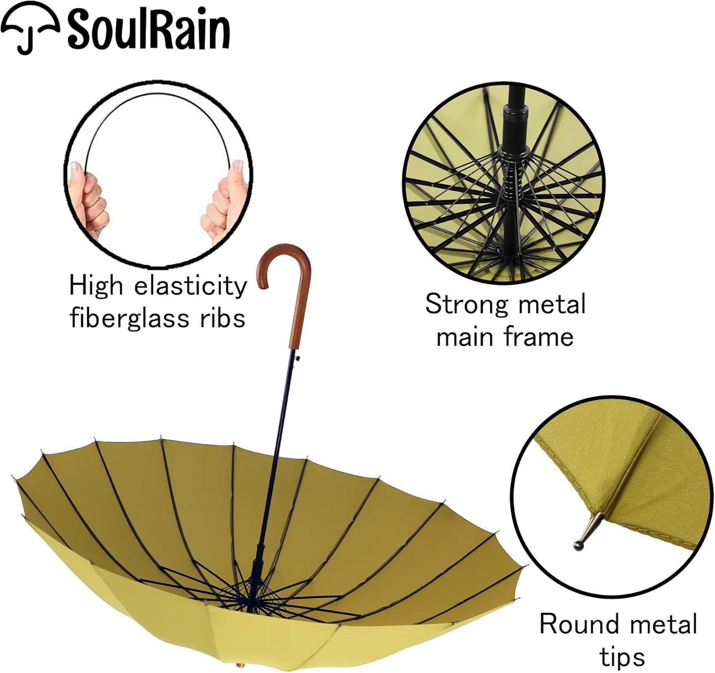 SoulRain 16 Ribs 48" Stick Umbrella Auto Open Solid Color Fashionable and Simple，Arc Classic Wood Handle，Windproof Unbreakable Stick Rain Umbrella