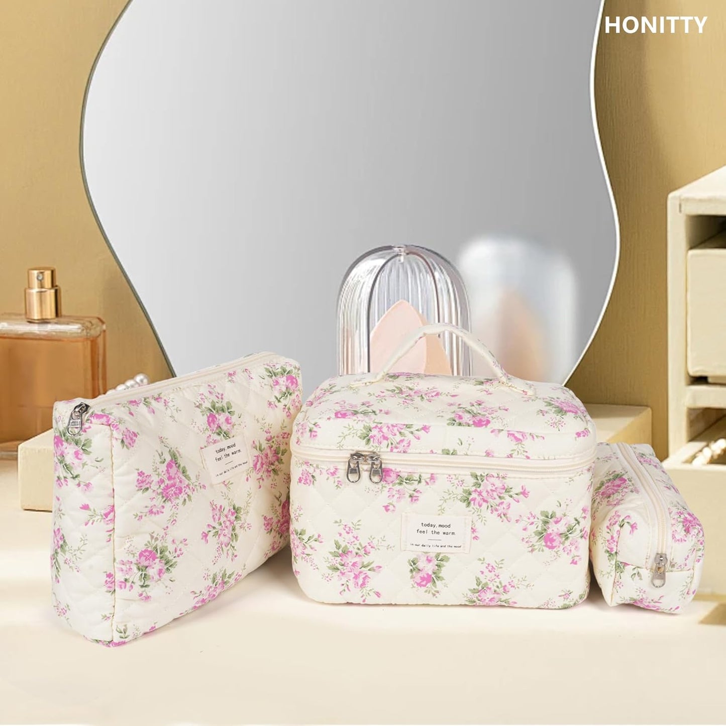 Makeup Bag,Quilted Cosmetic Bags,Large Floral Make Up Organize bag,Makeup Bag Set for Women,Flower Travel Toiletry Bag