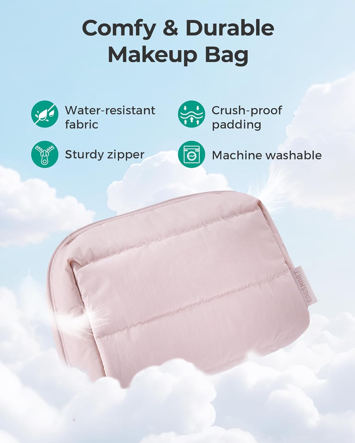 BAGSMART Puffy Makeup Bag, Wide Opening Cosmetic Bag Compact & Spacious, Water-Resistant Travel Organizer Pouches for Women (Camel)