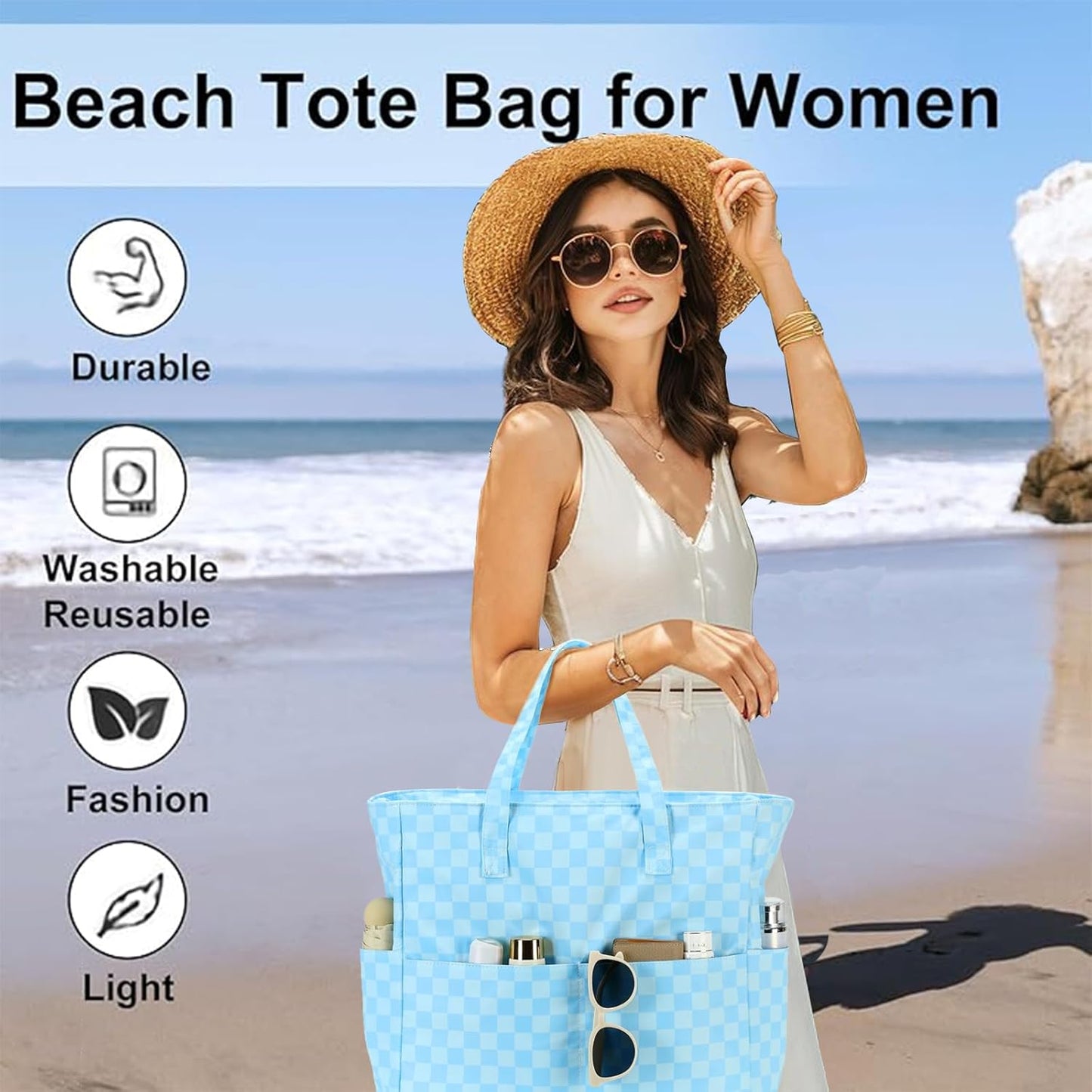 LEDAOU Beach Bag Waterproof Sandproof Women Tote Bag Pool Bag with Zipper for Gym Grocery Travel with Wet Pocket