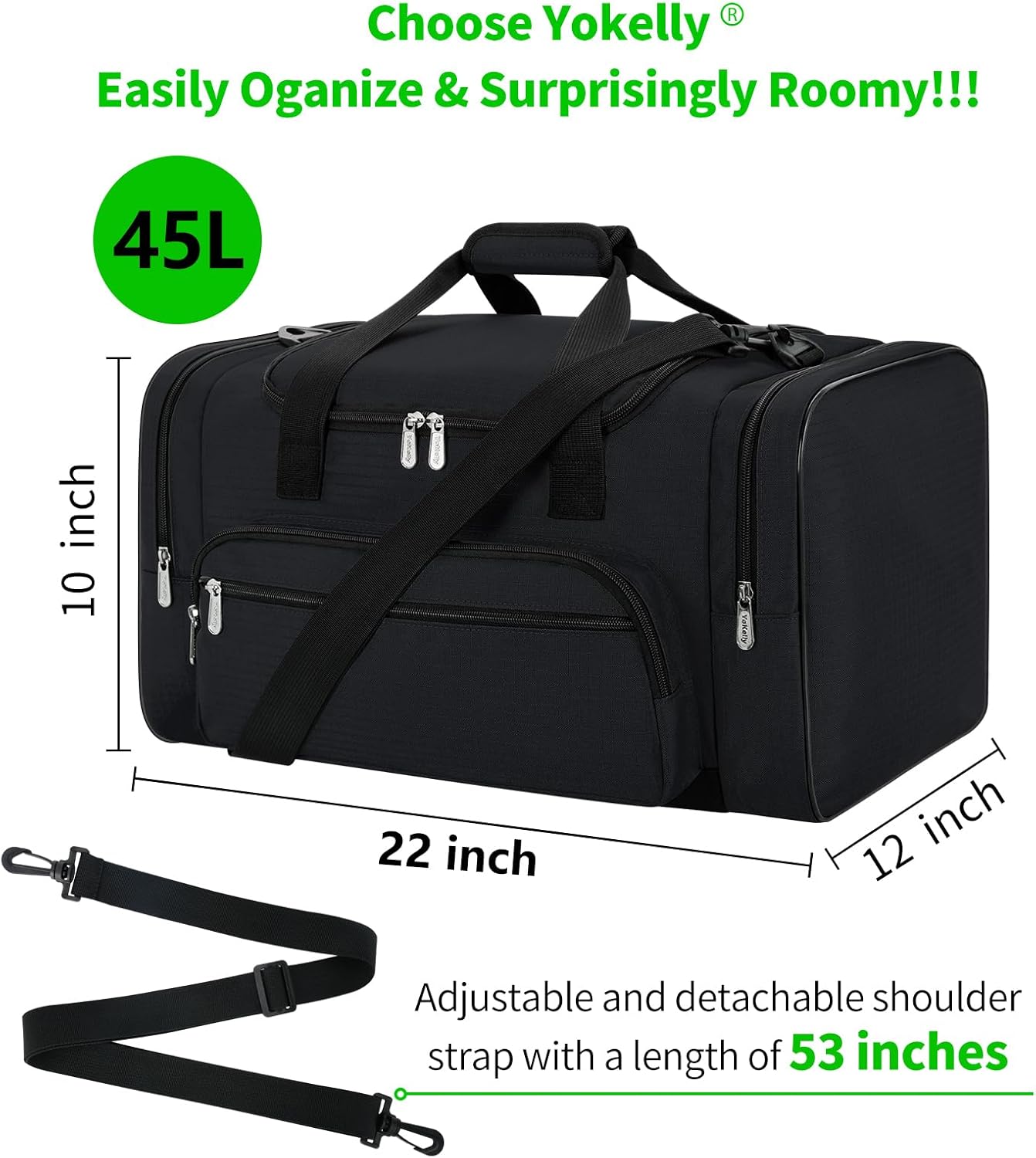 Gym Bag 22 inch Sport Duffle Bag for Men - 55L Weekender Duffel Bag for Travel - Black