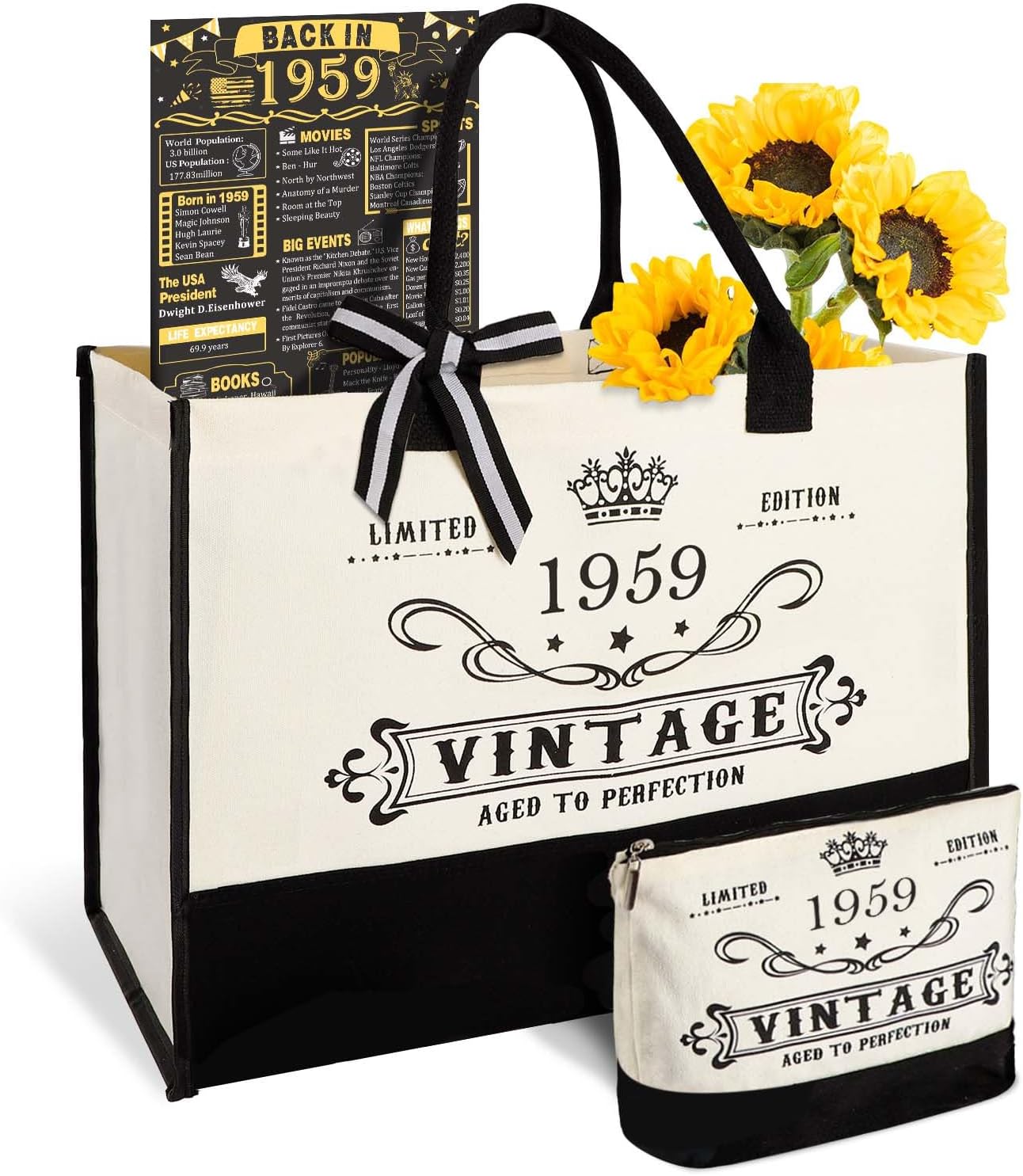 YeohJoy 66th Birthday Gifts for Women Canvas Tote Bag Travel Gear, Unique 66 Years Old Birthday Gifts for Girlfriend Sister Friends Her, Vintage 1959 Handbag & Cosmetic Bag & Back in 1959 Poster