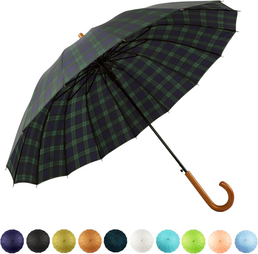 SoulRain 16 Ribs 48" Stick Umbrella Auto Open Solid Color Fashionable and Simple，Arc Classic Wood Handle，Windproof Unbreakable Stick Rain Umbrella