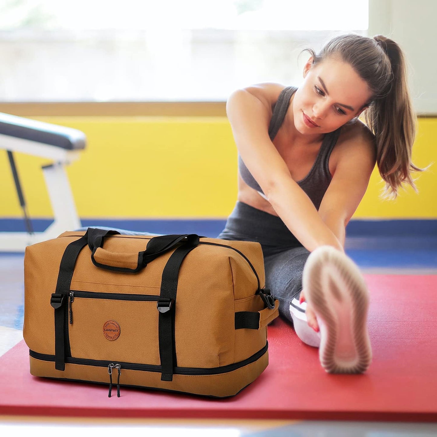 Laripwit Duffle Bag Large Size Gym Bags for Men Waterproof Travel Duffel Bag for Women Weekender Bag with Shoes Compartment Overnight Bag 55 L, Brown