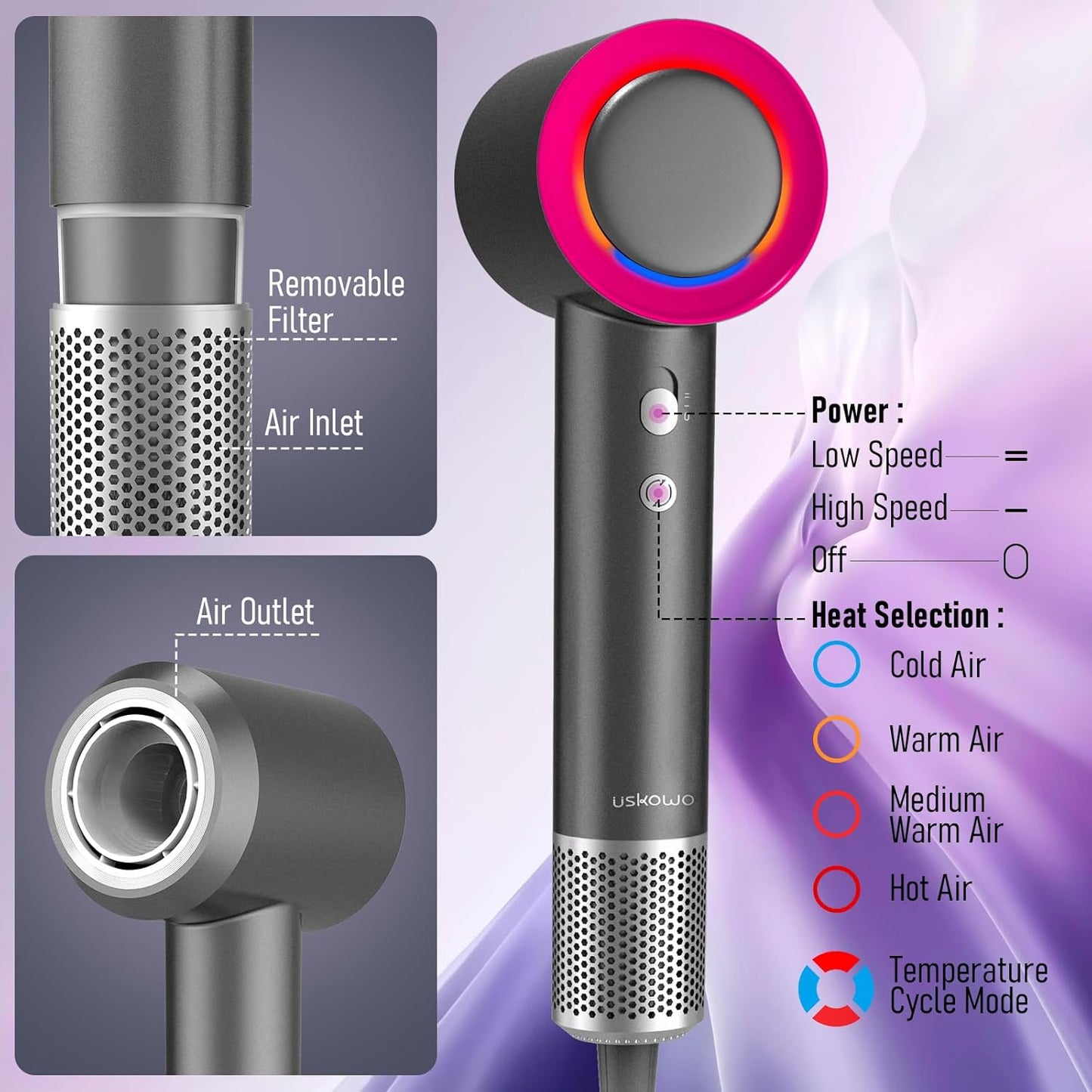 Hair Dryer, Blow Dryer with Diffuser,1800W High Speed Drying Low Noise Hair Ionic Hairdryer for Home Salon Travel