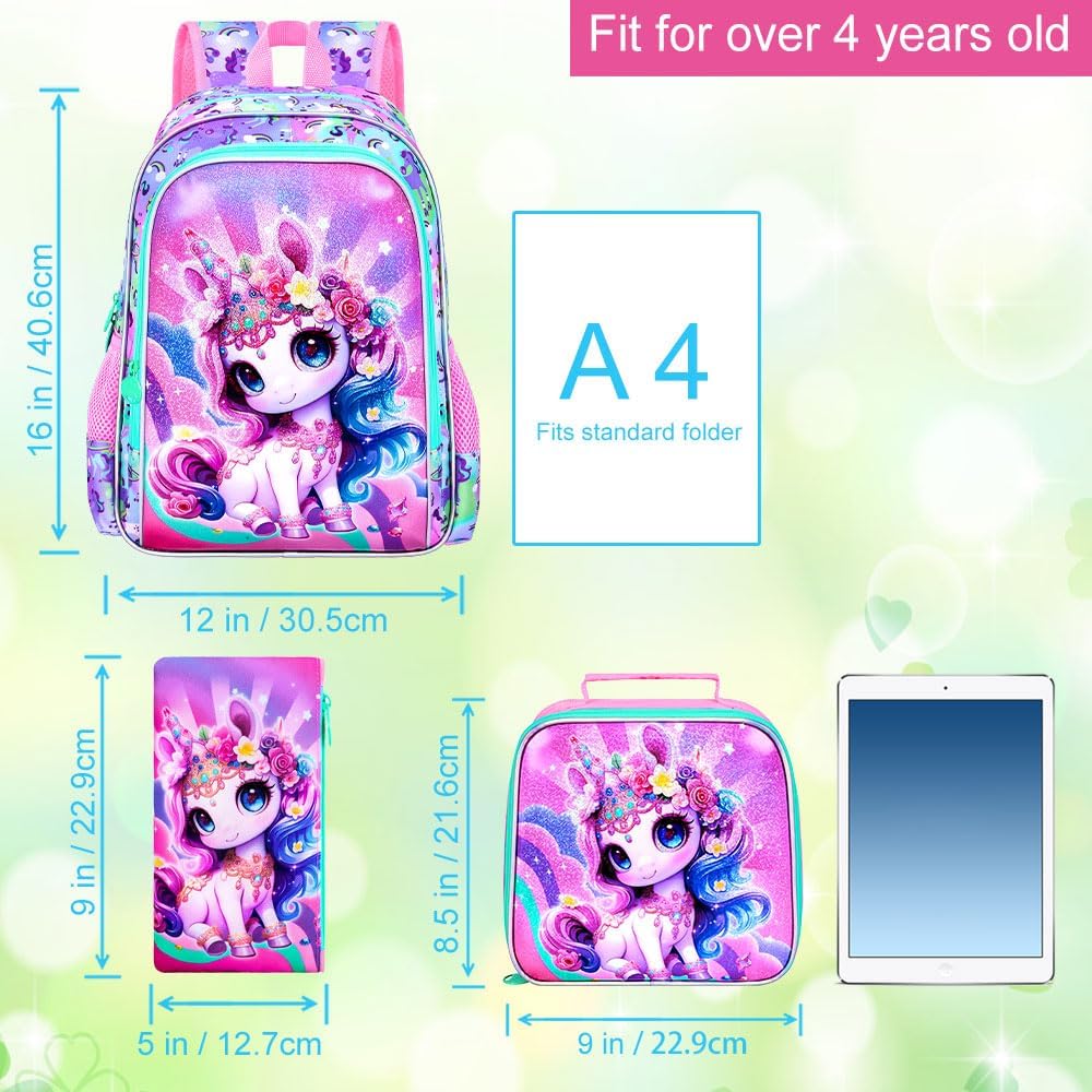 16" Unicorn Backpack for Girls, 3Pcs Kids School Backpacks with Lunch Box, Bookbag for Elementary Preschool Kindergarten(Pink)