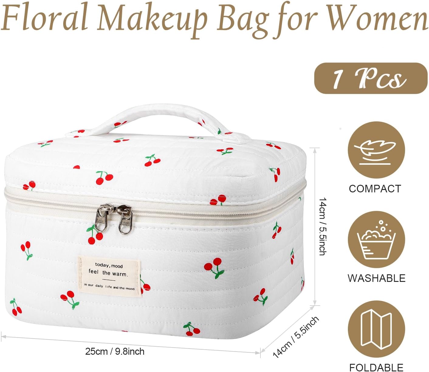 Large Travel Quilted Makeup Bag for Women, Floral Cotton Cosmetic Bag Cute Coquette Aesthetic Floral Toiletry Organizer Bag for Girls Cherry Flower Cosmetic Zipper Storage Bag