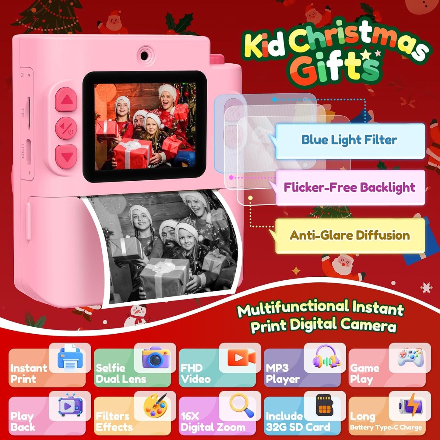 Gift for Girls Kids Camera: Instant Print Dual Lens Digital Camera Toys for Girl 3-12 Birthday Christmas Valentines Gifts for Kid Girls Boys Ages 3 4 5 6 7 8 9 10 with 32G SD Card Storage Bag Pink