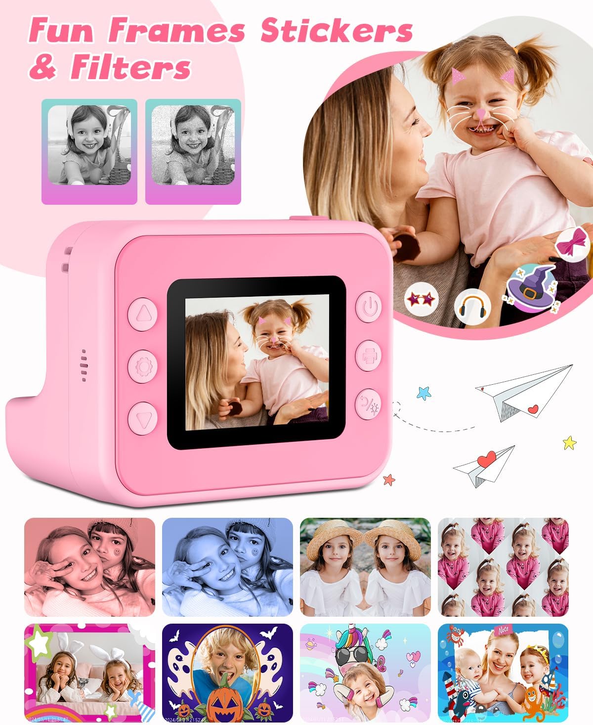 Instant Print Camera for Kids, 1080P Digital Video Cameras, Christmas Birthday Gifts Toys for Age 3-12, Toddler Camera for 4 5 6 7 8 9 10 Year Old Girls - Pink