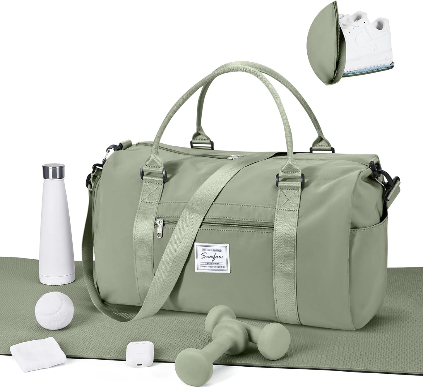 Gym Bags for Women Men with Shoes Compartment,Sports Duffle Bags Personal item travel Duffel Tote Bag Small Carry on Weekender Overnight Bag Workout Dance Bags Hospital Holdalls Grey Green