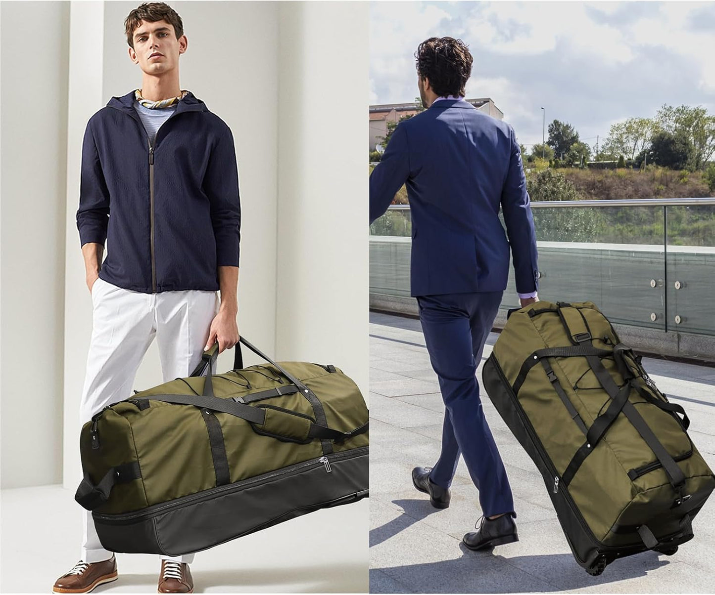 110L/140L Expandable Soft-Sided Foldable Duffle Bag with 2 Rubber Wheels,Packable 32” Rolling Carry-On with Multi-Pockets & Compartments,Army Green