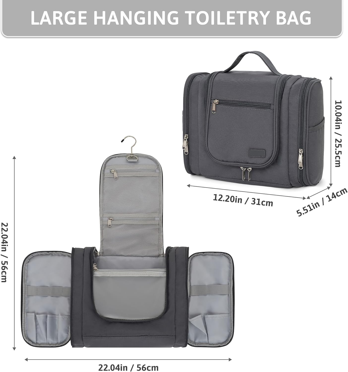 Pearl Angeli Hanging Toiletry Bag for Women, Large Makeup Cosmetic Bag, Water Resistant Toiletries Travel Essentials Organizer, Full-size Container, Grey