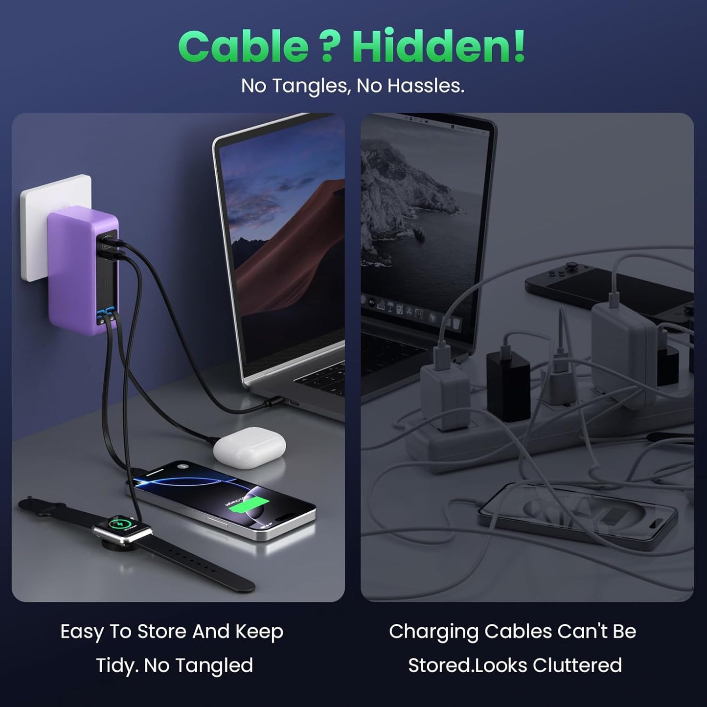 120W USB C Charger Block with 2 Built-in Retractable Cables,4-in-1 GaN IV Foldable Plug Wall Charger Fast Charging Station,PD 65W Laptop Adapter for MacBook/iPad,iPhone 17/16/15,Galaxy,Android-Purple