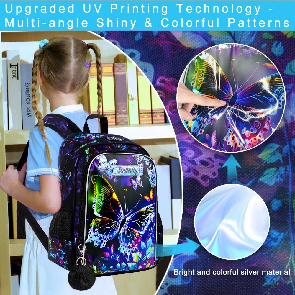 16" Butterfly Backpack for Girls, 3Pcs School Bookbag with Lunch Box, Kids Backpacks Set for Elementary Preschool Kindergarten(Black)