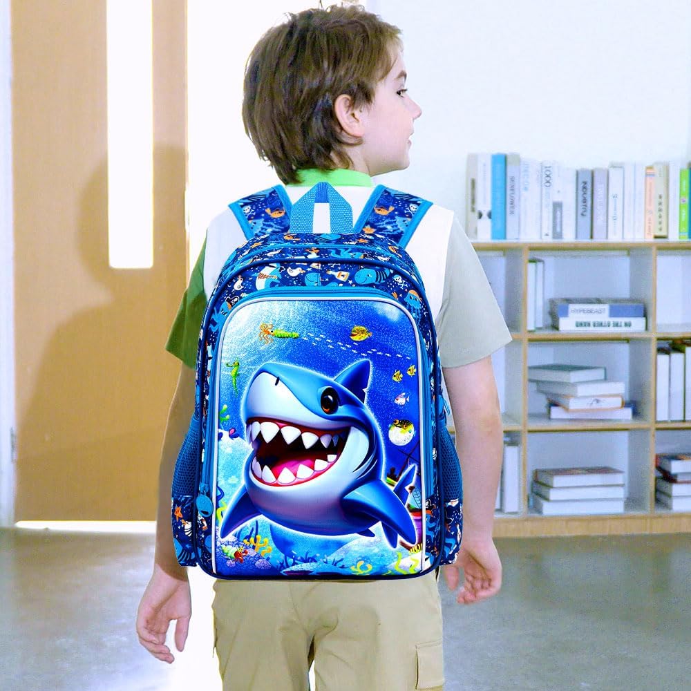 16" Shark Backpack for Boy, 3Pcs School Backpacks with Lunch Box, Kids Bookbag for Elementary Preschool Kindergarten(Blue)