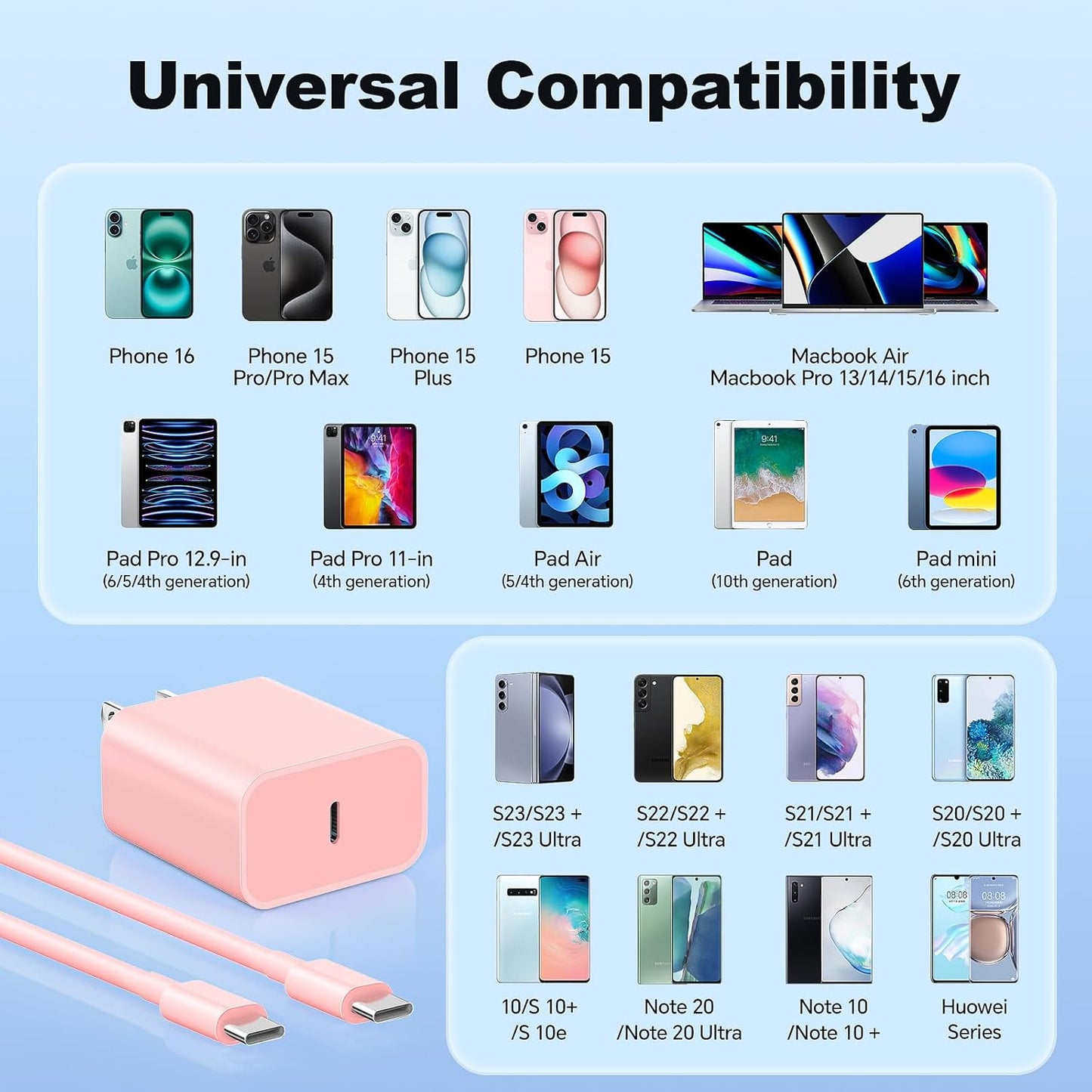 2 Pack 20W Colorful Fast Charger & 6FT USB C to C Cable for iPhone 16/15 Pro/Max/Plus, Pad Pro 12.9/11 inch