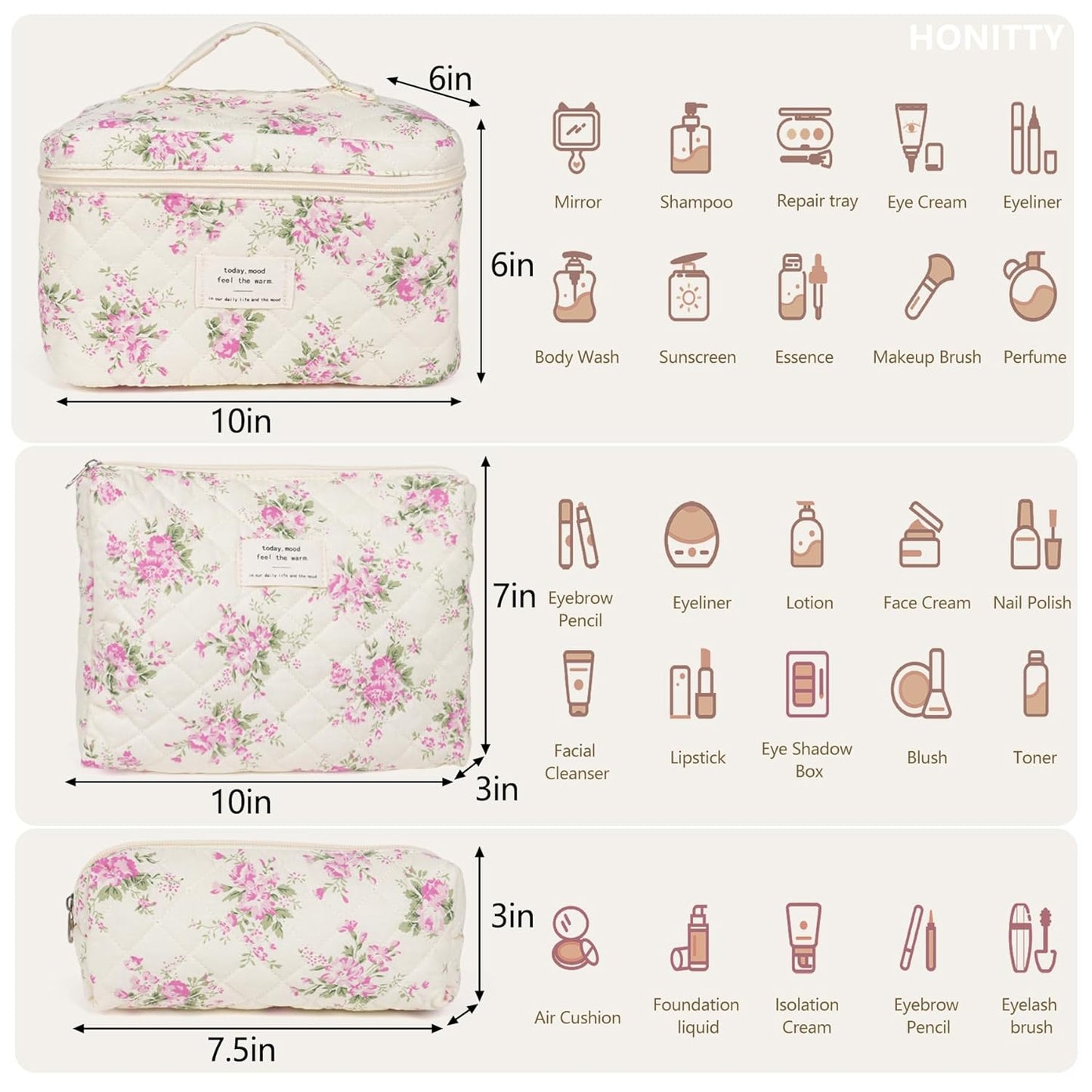 Makeup Bag,Quilted Cosmetic Bags,Large Floral Make Up Organize bag,Makeup Bag Set for Women,Flower Travel Toiletry Bag