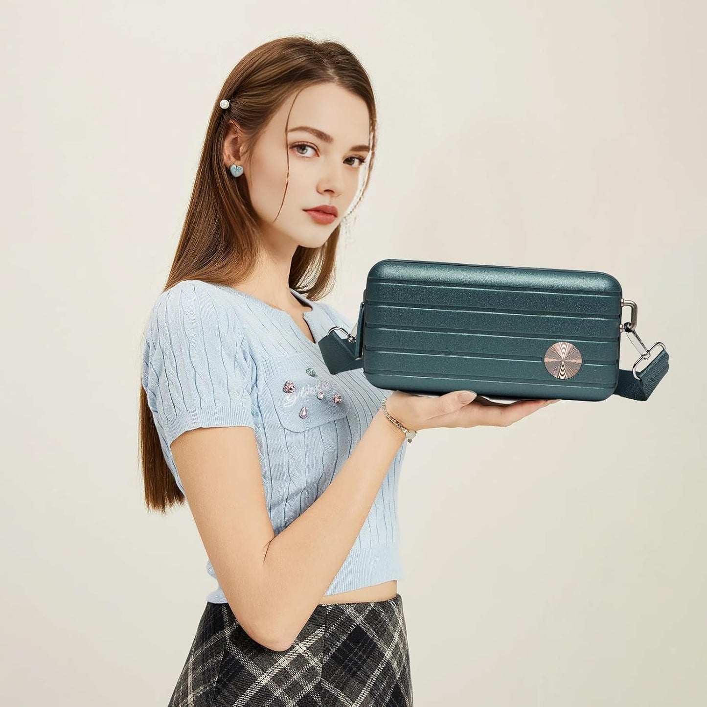 Somago Hard Shell Suitcase Handbag with Adjustable Strap Mini Cosmetic Handbag Cell Phone Purse Bag for 6.9" Shoulder Bag(Ice Blue)