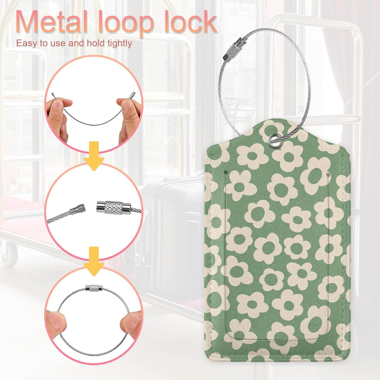 Leather Luggage Tags for Adults Teens,2 Pack Vintage Groovy Flowers Travel Bag Suitcase Labels with Stainless Steel Loop ID Tags Card Baggage Bag Label