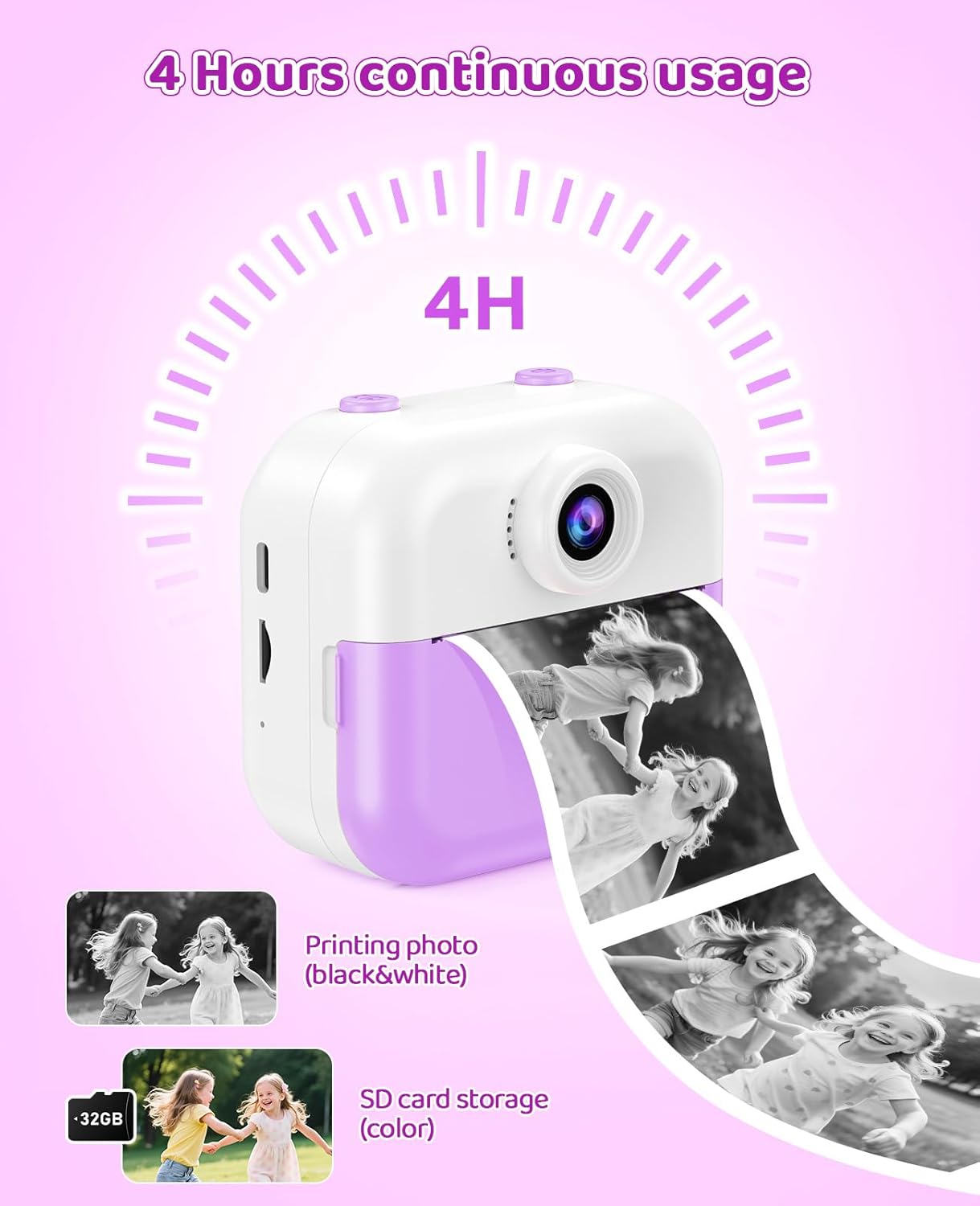 Kids Camera Instant Print for Kids Christmas Birthday Gifts Age 4-12,Quick-Release Prints Camera Toddler Portable Travel Toy 6 7 8 9 10 Year Old Girls-Purple