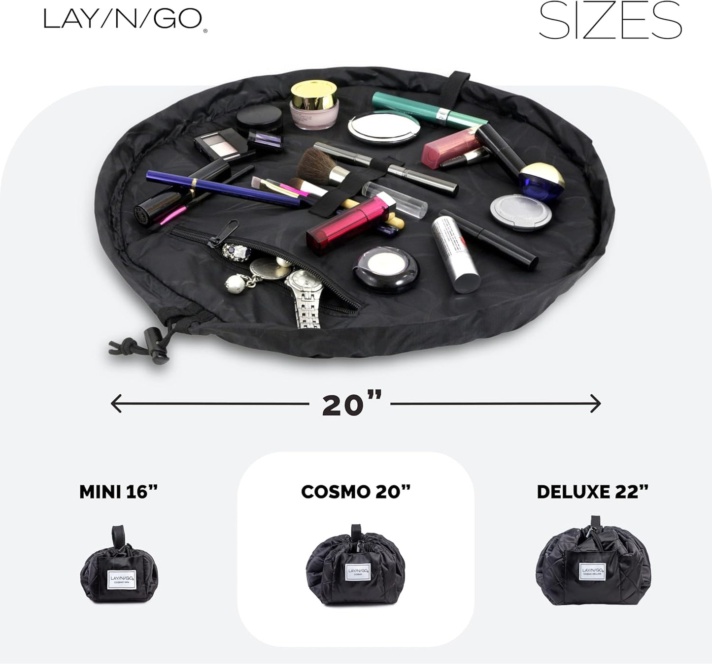 Lay-n-Go Cosmo Layflat Drawstring Cosmetic & Makeup Bag Organizer - Portable Drawstring Bag w/Zipper Pocket, Makeup Loops & More - Durable, Machine Washable Toiletry Bag for Travel (20", Black)