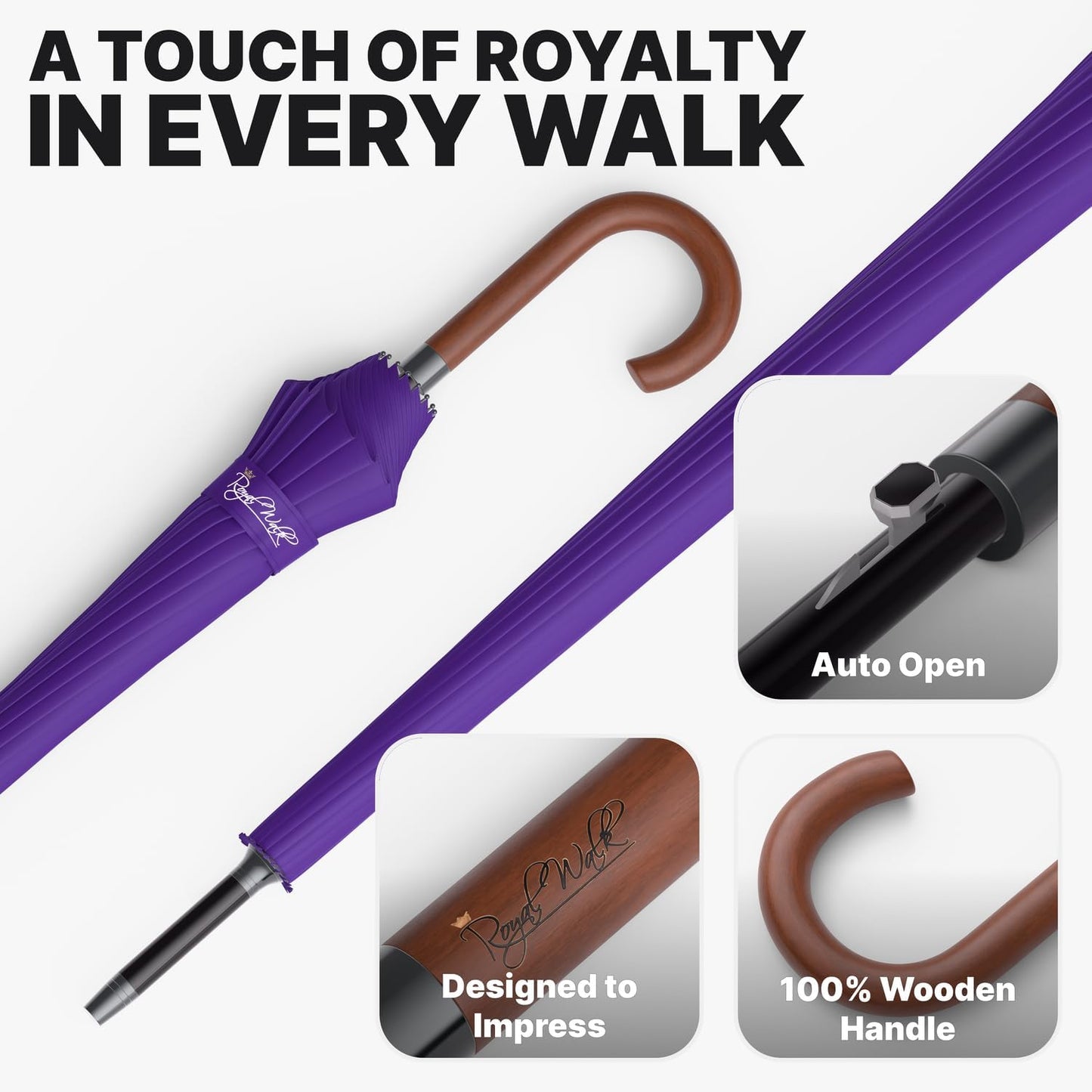 Royal Walk Windproof Large Umbrella for Rain 54 Inch Automatic Open for 2 Persons Wind Resistant Big Golf Umbrellas for Adult Men Women Classic Wooden Handle Fast Drying Strong 16 Ribs Travel 120cm