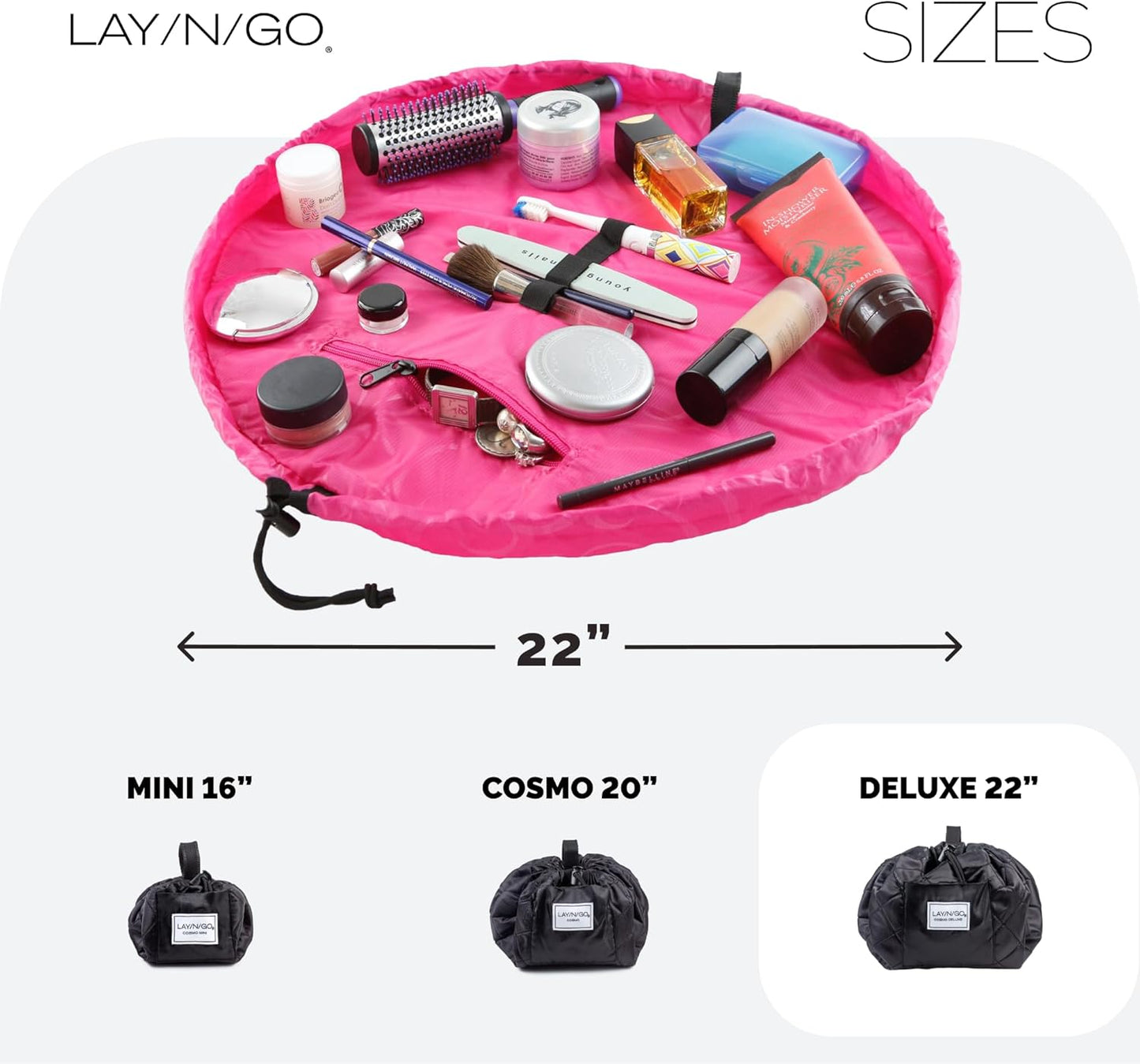 Lay-n-Go Cosmo Layflat Drawstring Cosmetic & Makeup Bag Organizer w/Zipper Pocket, Brush Loops & More, Cinch to Close, Lay Flat to Use, Durable, Machine Wash, Travel Toiletry Bag (22", Pink)