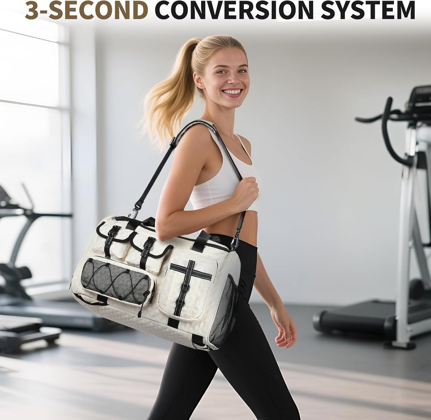 Gym Bag for Men Women, 40L Sport Duffel Bag, Anti-Theft Overnight Backpack W/Shoe Compartment for Fitness Travel, White