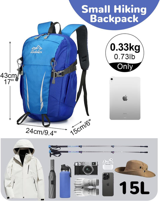 15L Small Padded Hiking Backpack with Chest Strap for Men Women, Lightweight Waterproof Daypack for Travel, Blue