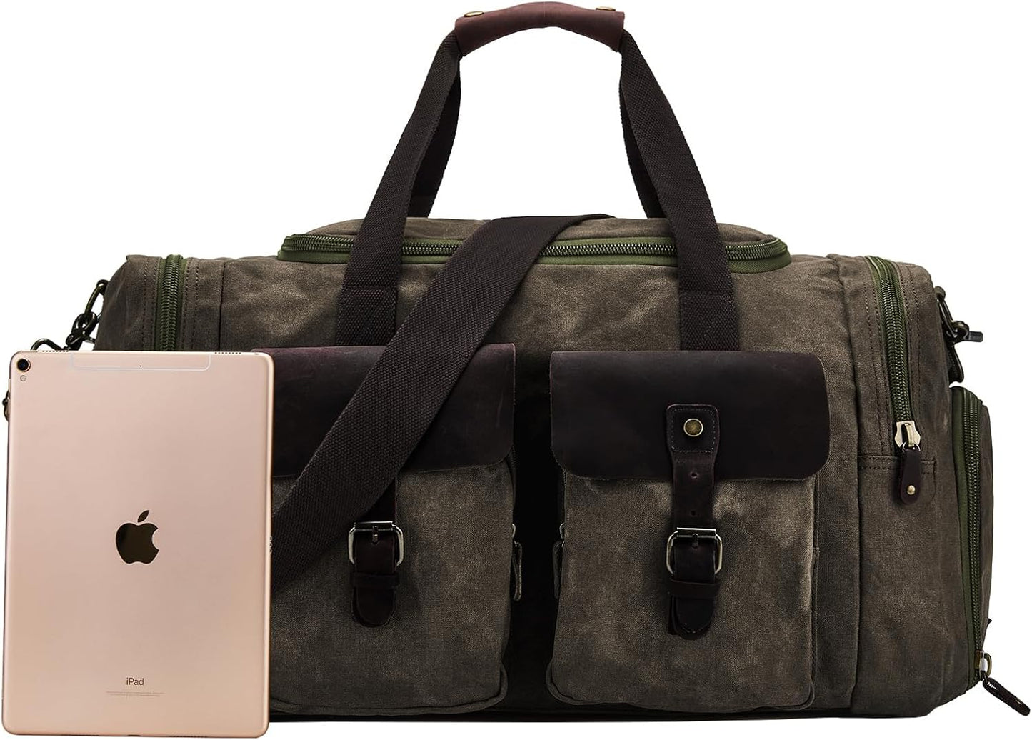 Waxed Canvas Vintage Overnight Duffel Weekend Travel Bag Waterproof For Men Women with Shoes Compartment(olive green)